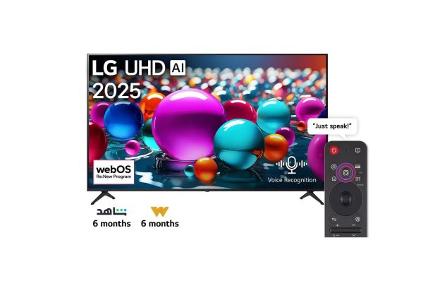 LG 75 Inch UHD AI UA85 4K Smart TV front view showing sleek modern design