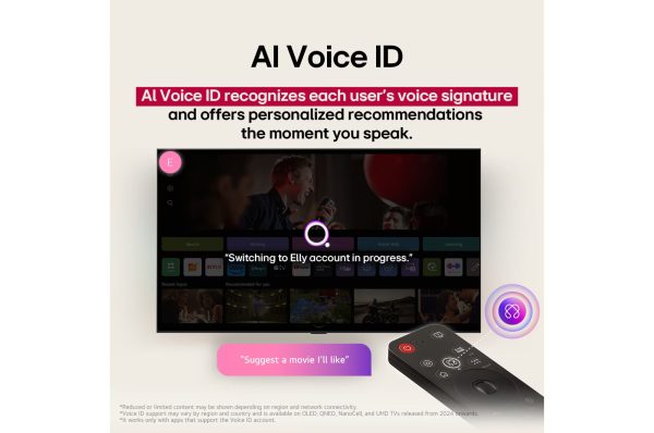 LG 75 Inch 4K TV AI Voice ID personalized recommendations interface