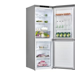 306L Bottom Freezer Refrigerator Top Compartment Open with Food