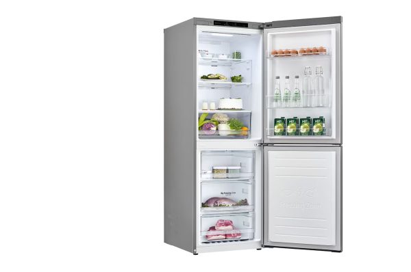 306L Bottom Freezer Refrigerator Top Compartment Open with Food