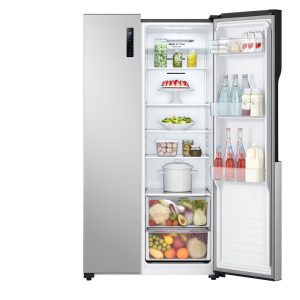 LG 519L Side-by-Side Refrigerator interior with food storage and tempered glass shelves