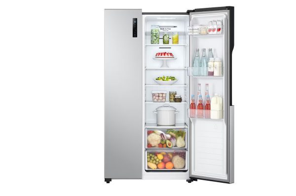 LG 519L Side-by-Side Refrigerator interior with food storage and tempered glass shelves