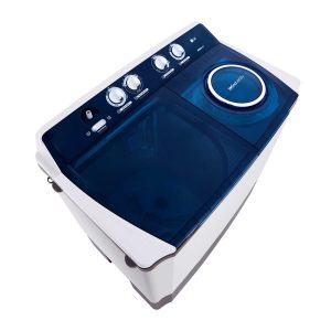 Left side perspective of LG 10kg TwinTub Washing Machine with midnight blue finish
