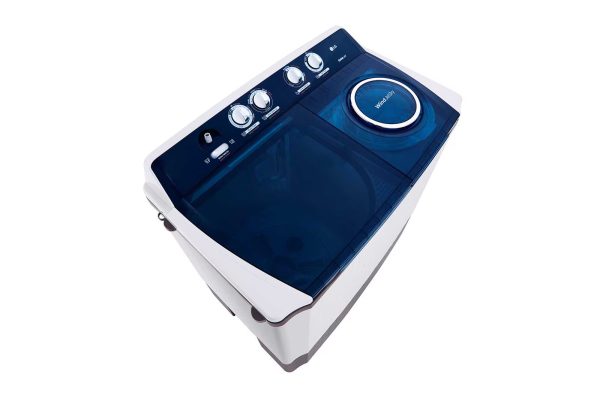 Left side perspective of LG 10kg TwinTub Washing Machine with midnight blue finish