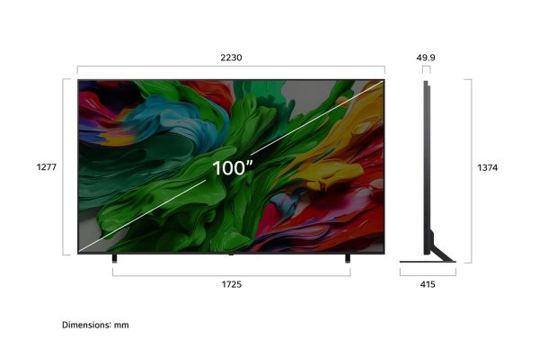 LG 100 inch QNED evo front and side dimensions display