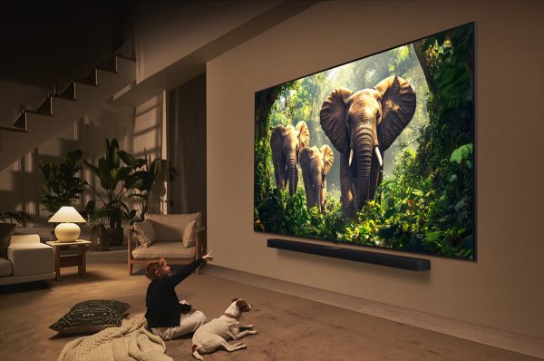 LG 100 inch QNED evo wall-mounted in modern living room with soundbar
