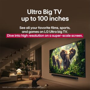 LG 100 inch QNED evo front view showing colorful Dynamic QNED Color display