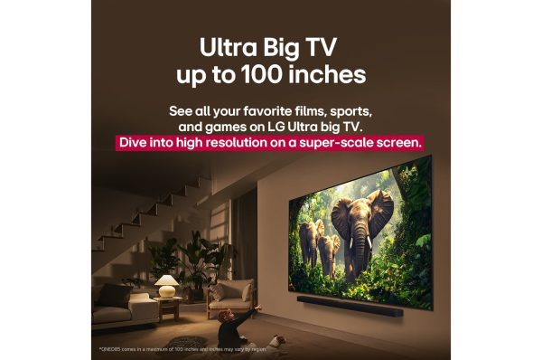 LG 100 inch QNED evo front view showing colorful Dynamic QNED Color display