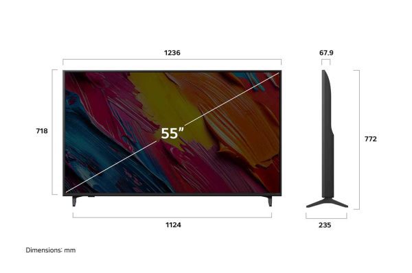 LG 55 inch QNED TV front and side dimensions display