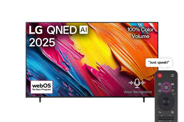 LG 55 inch QNED TV front view showing colorful Dynamic QNED Color display