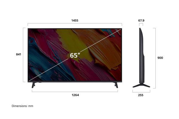LG 65 inch QNED TV front and side dimensions display