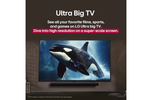 LG 65 inch UA85 TV wall-mounted in modern living room with soundbar