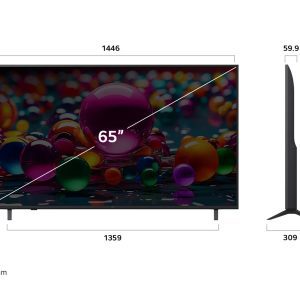 LG 65 inch UA85 TV front and side dimensions display