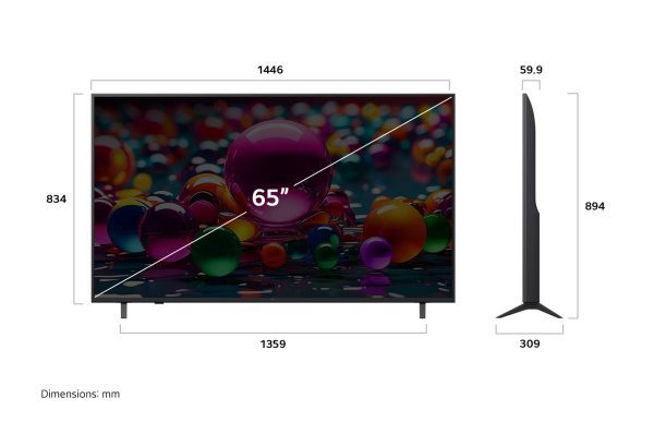 LG 65 inch UA85 TV front and side dimensions display