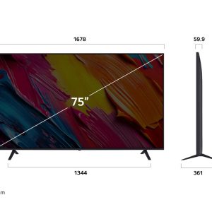 LG 75 inch QNED TV front and side dimensions display