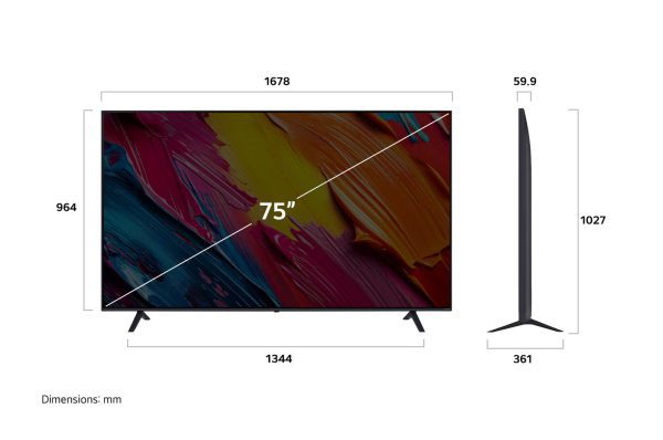 LG 75 inch QNED TV front and side dimensions display