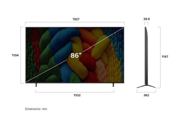 LG 86 inch NanoCell TV front and side dimensions display