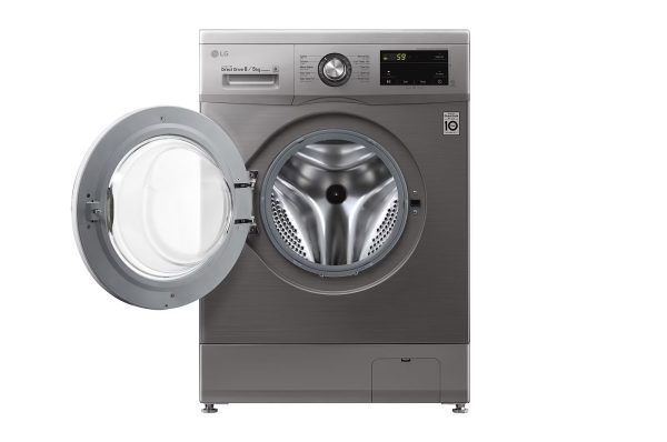 LG 8kg washer dryer open door showing drum interior