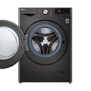 LG 9kg washer dryer open door showing stainless drum lifter