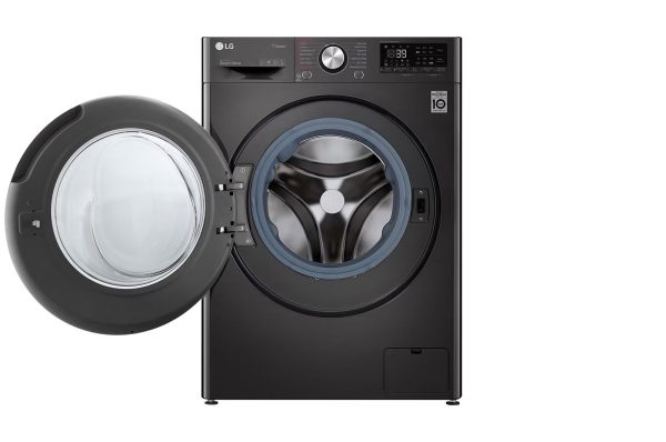 LG 9kg washer dryer open door showing stainless drum lifter