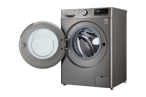 LG 11kg front load washer front open view showing stainless steel drum