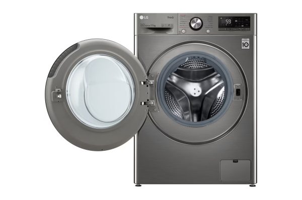 LG 11kg front load washer front open view showing stainless steel drum