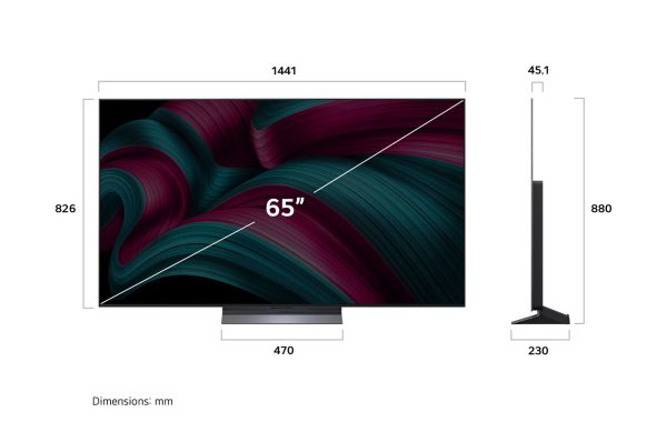 LG 65 inch OLED evo front and side dimensions display