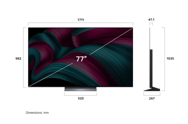 LG 77 inch OLED evo front and side dimensions display